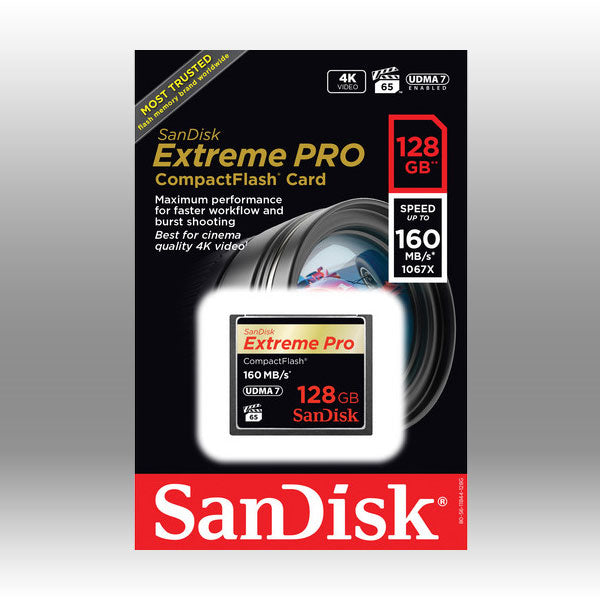 SanDisk Extreme Pro CompactFlash card packaging on a gray background