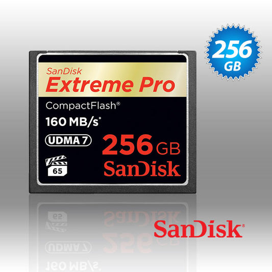 SanDisk Extreme Pro 256GB CompactFlash card on a reflective surface with a gray background