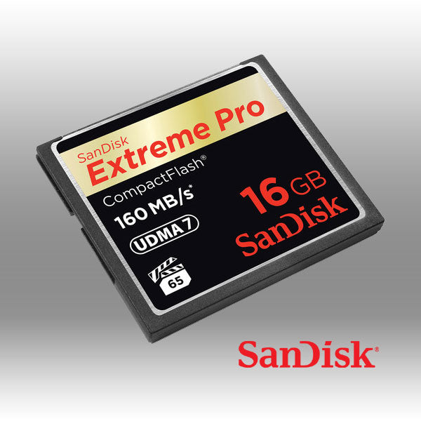SanDisk Extreme Pro CompactFlash card on a gray background