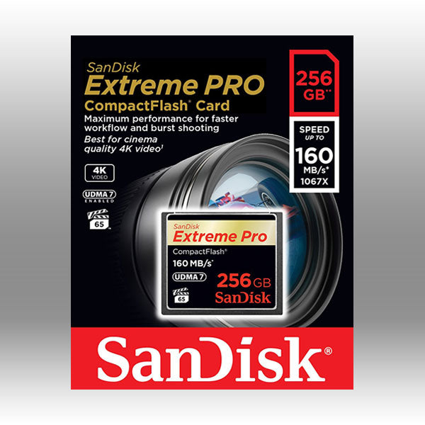 SanDisk Extreme Pro CompactFlash card packaging on a gray background