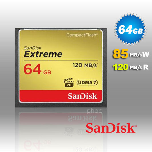SanDisk Extreme 64GB CompactFlash card on a reflective surface with a gray background