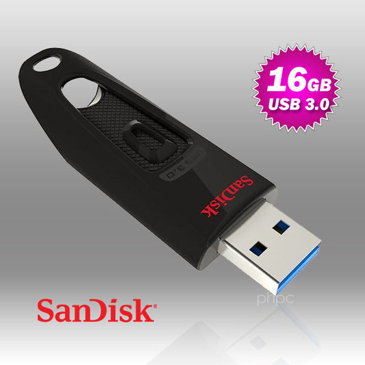 SanDisk USB flash drive with 16GB capacity on a gray background