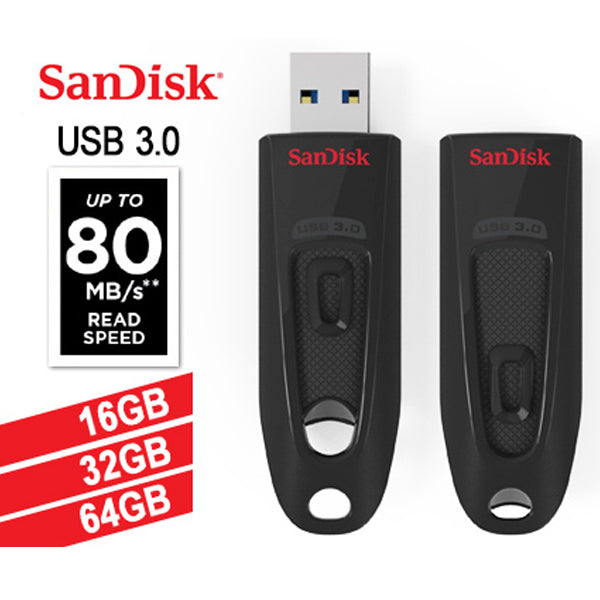SanDisk USB 3.0 flash drives with read speed and capacity information on a white background